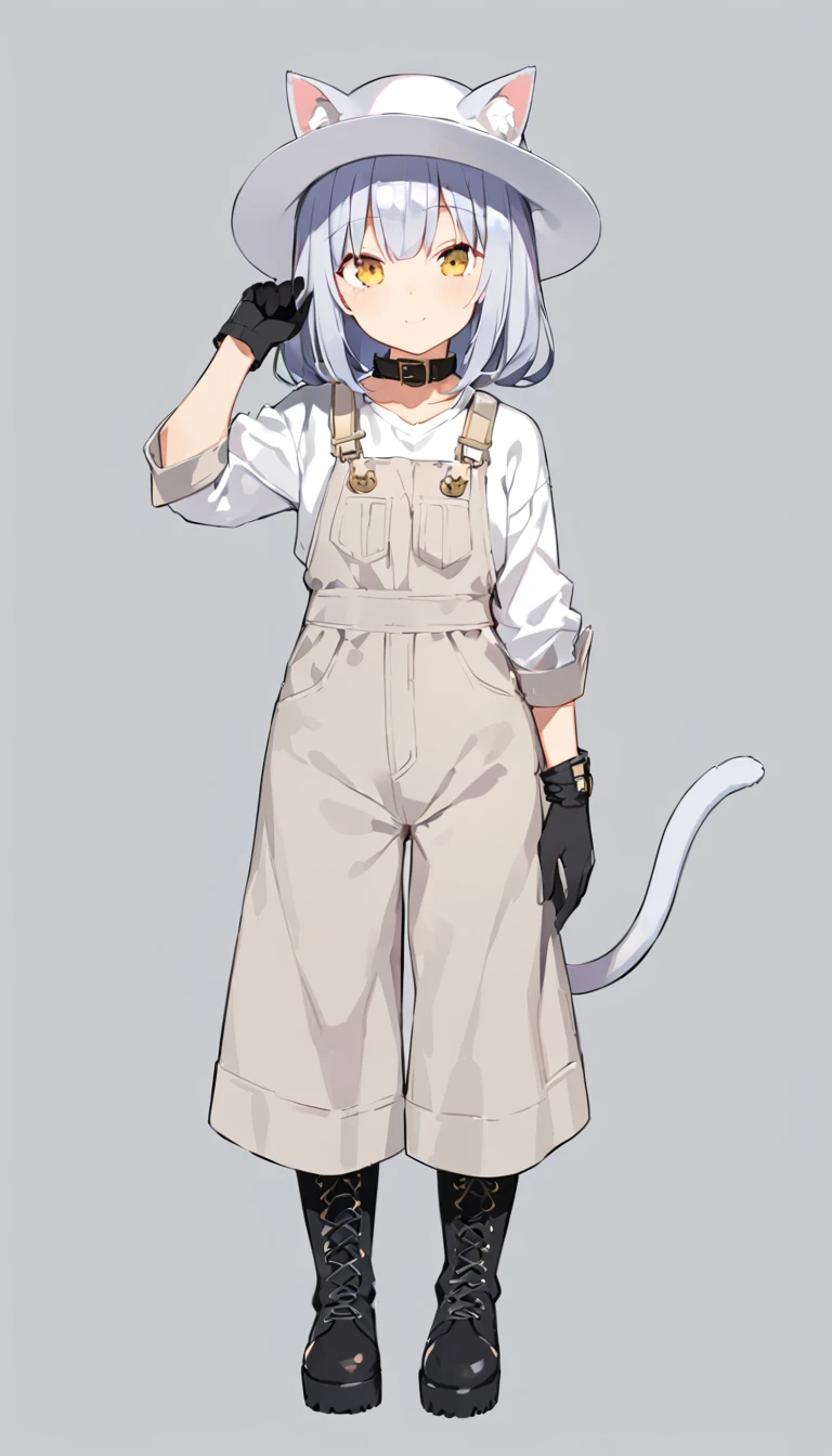 Gray-haired girl with cat tail and ears, full white hat with brim, alone, white long sleeves, light grey denim overalls, long black gloves, long black boots, cute wink face, no human ears, mid-chest, yellow eyes, black collar, posing on a full gray background