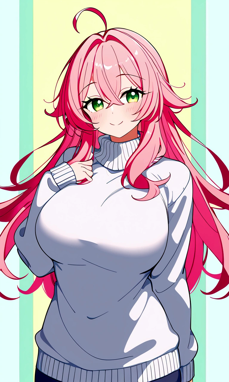 private teacher、Big Breasts、Pink Hair、Long Hair、Straight Hair、Ahoge、Kind older sister、Green Eyes、Droopy eyes、smile、sweater