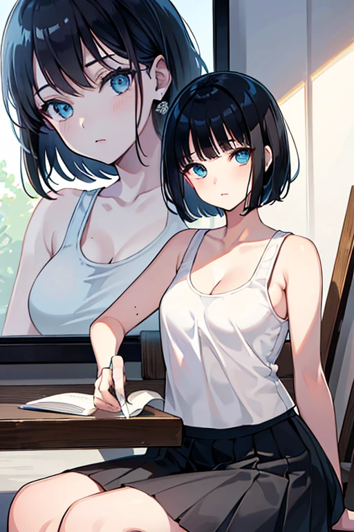 ((Highest quality)), ((masterpiece)), (Familiar), Illustration Style,Perfect Face,1 Girl,Black Hair,Short Hair,Glowing Skin,big, Bright Blue Eyes,Beautiful Bangs,Small breasts,Super Beauty,woman,16 years old,White tank top,Black Mini Skirt,Beautiful clothes,