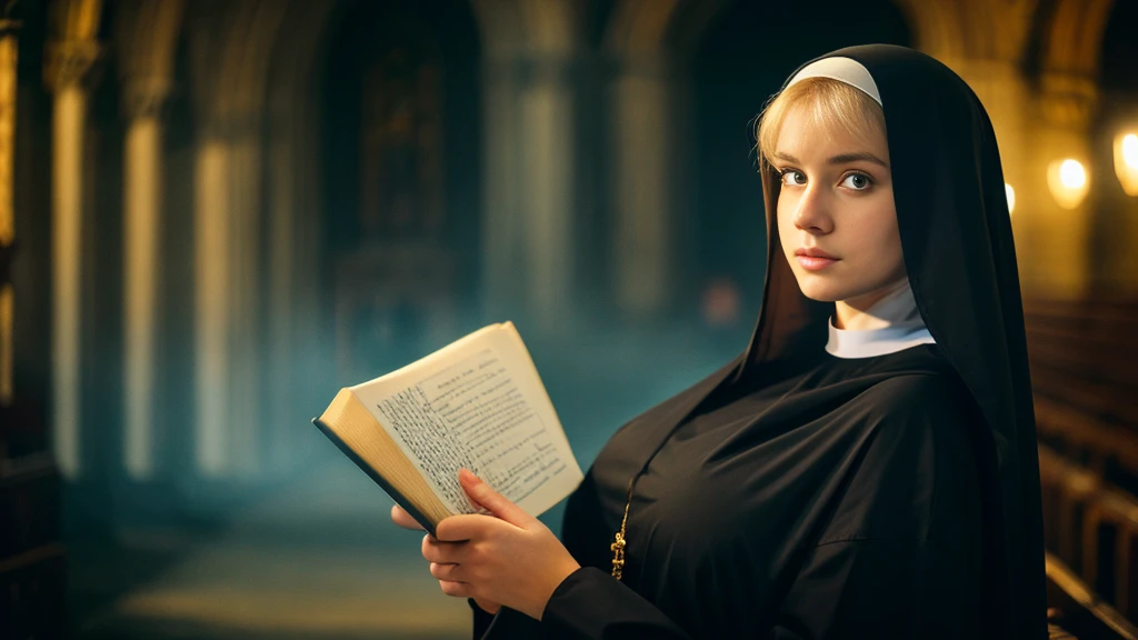Beautiful blonde with big breasts dressed as a nun (Holding a book in a dark church),Wearing headphones,Very detailed, 21 years old, Innocent face, Naturally Wavy Hair, blue eyes, High resolution, masterpiece, Highest quality, Intricate details, Very detailed, Clear focus, Delicate skin, practical skin texture, texture, Delicate eyes, Professional, 4K, Sad crying face, Shot with Canon, 85mm, Shallow and deep, Kodak Vision Color, Exactly, Very detailed, photograph_\(Extremist\), photographpractical, practical, Post-processing, Maximum details, Roughness, Real Life, Extremist practical, Photorealism, photographgraphy, 8K Ultra HD, photographgraphy