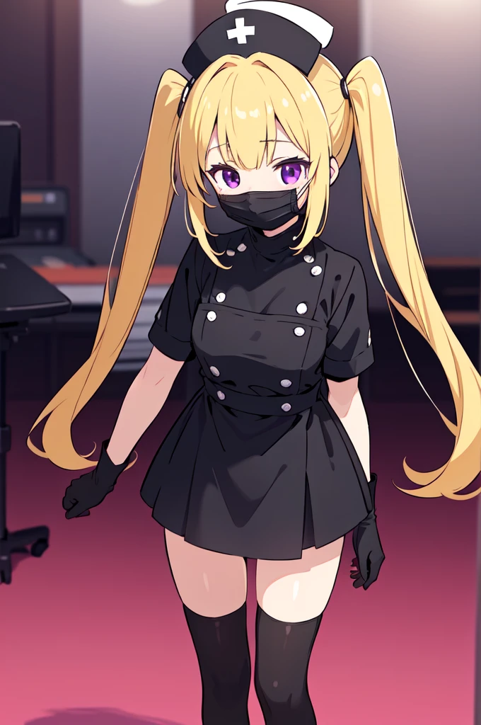black nurse, 1girl, solo, black nurse cap, black nurse uniform, ((black legwear, zettai ryouiki)), black elbow gloves, twintails, yellow hair, purple eyes, ((black surgical mask, covered nose)), standing, ((surgery room)), sharp outline, short sleeves, best quality, masterpiece