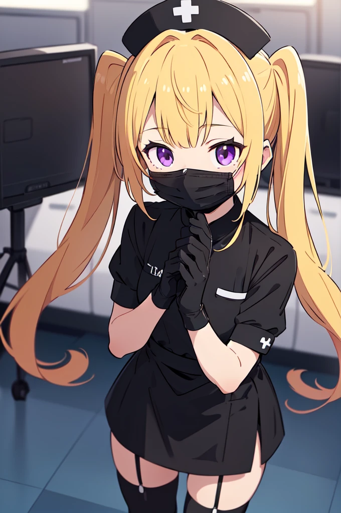 black nurse, 1girl, solo, black nurse cap, black nurse uniform, ((black legwear, zettai ryouiki)), black elbow gloves, twintails, yellow hair, purple eyes, ((black surgical mask, covered nose)), standing, ((surgery room)), sharp outline, short sleeves, best quality, masterpiece