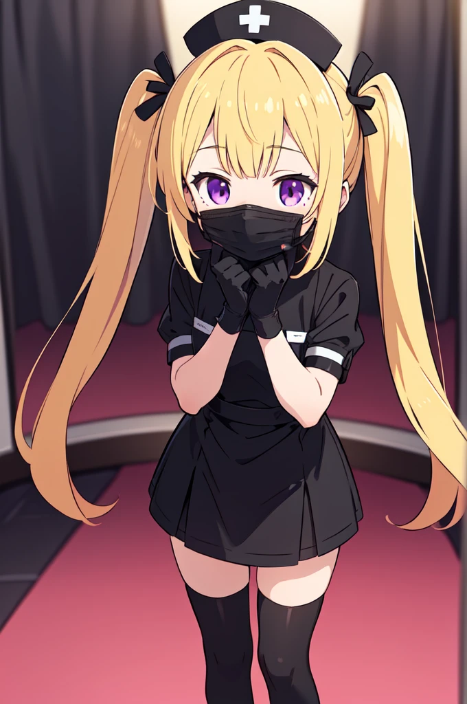 black nurse, 1girl, solo, black nurse cap, black nurse uniform, ((black legwear, zettai ryouiki)), black elbow gloves, twintails, yellow hair, purple eyes, ((black surgical mask, covered nose)), standing, ((surgery room)), sharp outline, short sleeves, best quality, masterpiece