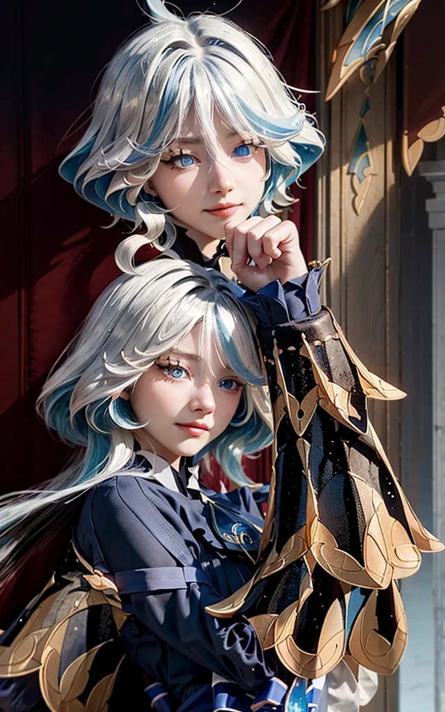 Furina from Genshin Impact) 18 years old, (Raw photo, Best Quality), (Realistic, Photorealsitic:1.3), masterpiece, Extremely delicate and beautiful, Soft light, (blue and white hair, Shoulder-length straight hair swaying in the wind), Beautiful detailed girl, (Detailed fingers), extremely detailed eye and face, beautiful detailed nose, Beautiful detailed eyes, 1 girl, Japanese, Neat and clean beauty, Cute, young, (medium breasts), Realistic face, Realistic body, cute smile