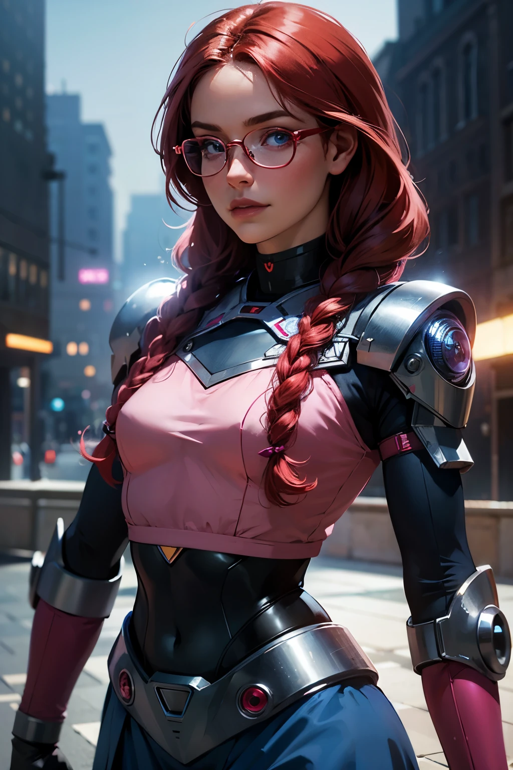 a girl and a (small flying robot) posing for the camera. she is a ((young girl)), slim, long red hair in layered braids, vibrant red hair. Blue eyes, narrow nose, (((detailed eyes))), round cheeks, full cheeks, youthful face, Soft jaw, round jaw, babyface, flat chest, tiny , bright smile, happy. Wearing a pink t-shirt under a light blue jacket, dark blue skirt, pink rimmed glasses, bows in her hair. technological gauntlets, she wears high tech wrist bands, blinking lights, shiny metal. The robot is spherical with a single red light in the middle, visible wires, dark metal, it hovers near her head. Good eyes. (best quality,4k,8k,highres,masterpiece:1.2), city park background, people walking in the background.
