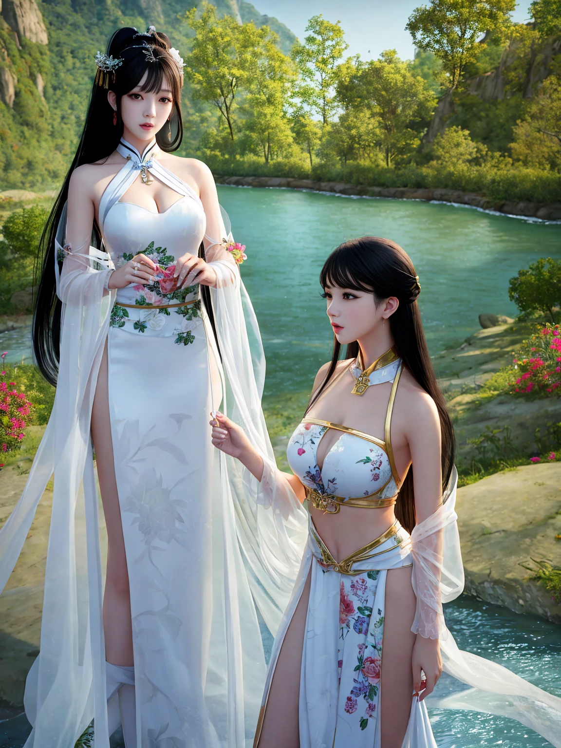 Top quality, masterpiece, high resolution, Chinese,,,,On the banks of the river,,,,,,,naked,,stand erect,,2girl, charming appearance and personality, big body, extremely sexy, ,,,,Floral print ,, ,Floral print,, Light yellow floral fragments,,(transparent ), large hollow see-through, beautiful and delicate face, (desire figure) perfect slim figure (nipple slip: 0.5), perfect white skin,stand erect,,Smooth black long hair,,,,Black Hair