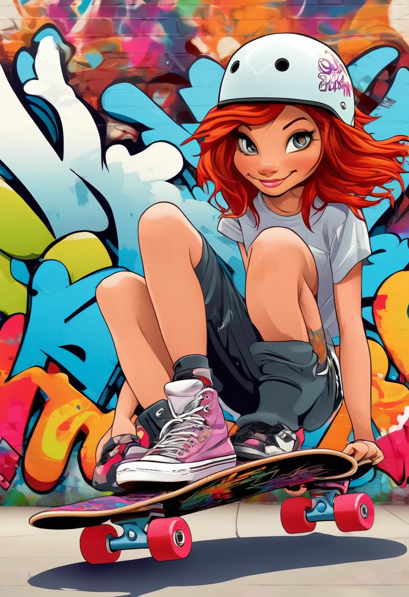 beautiful skater girl, red hair, with helmet, knee pads and skateboard, in the background a wall with colorful graffiti words, vectorized, detailed, perfect anatomy.