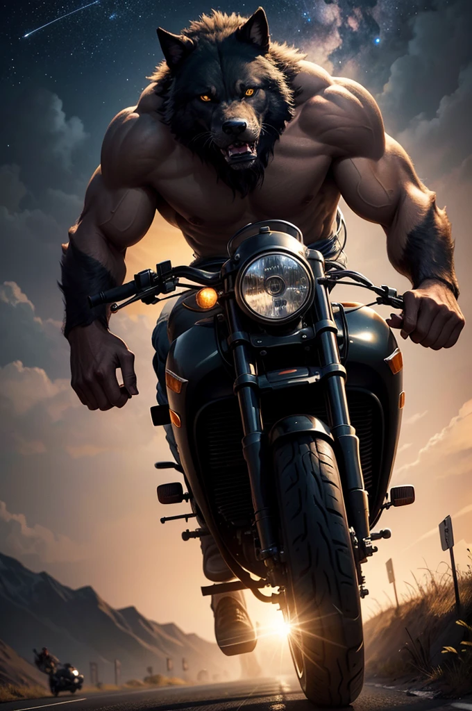 A muscular young wild black werewolf driving a big classic road motorcycle down a deserted road at night with an evil entity watching among the stars