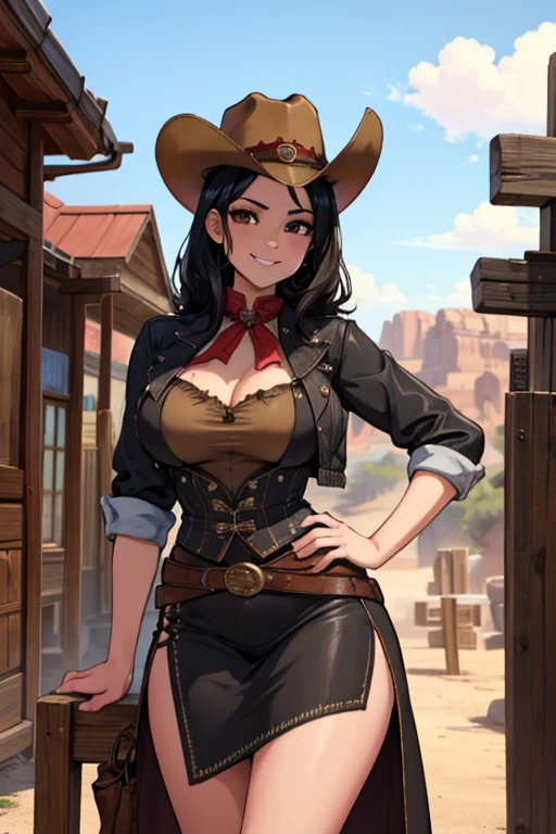 Perfect face, Perfect hands. A black haired female cowgirl with brown eyes and an hourglass figure in a conservative cowgirl's outfit is leaning against a railing with a big smile in a wild west town