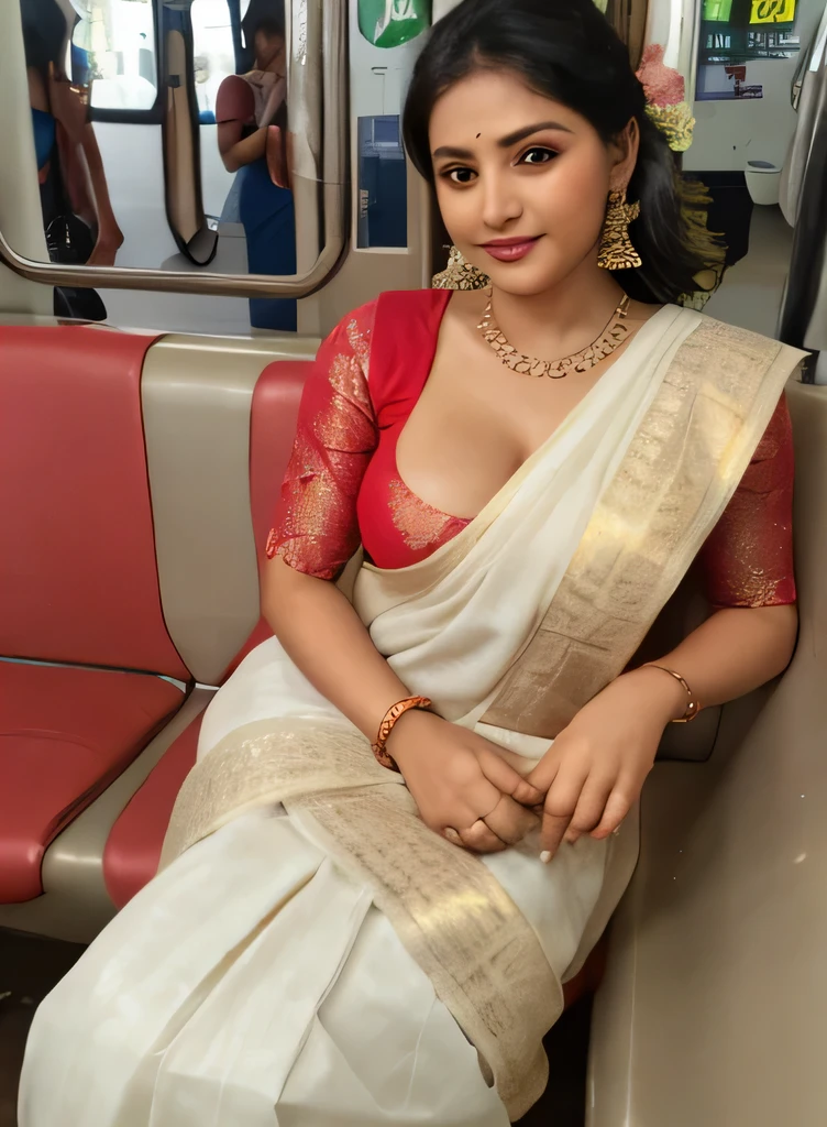 a lady(beautiful breasts(saggy)) wearing saree(deep cleavage), (), () (), ()sitting in public transport. Very realistic skin. Very beautiful face. She is giving sexy down blouse pose. Beautiful blouse designs.