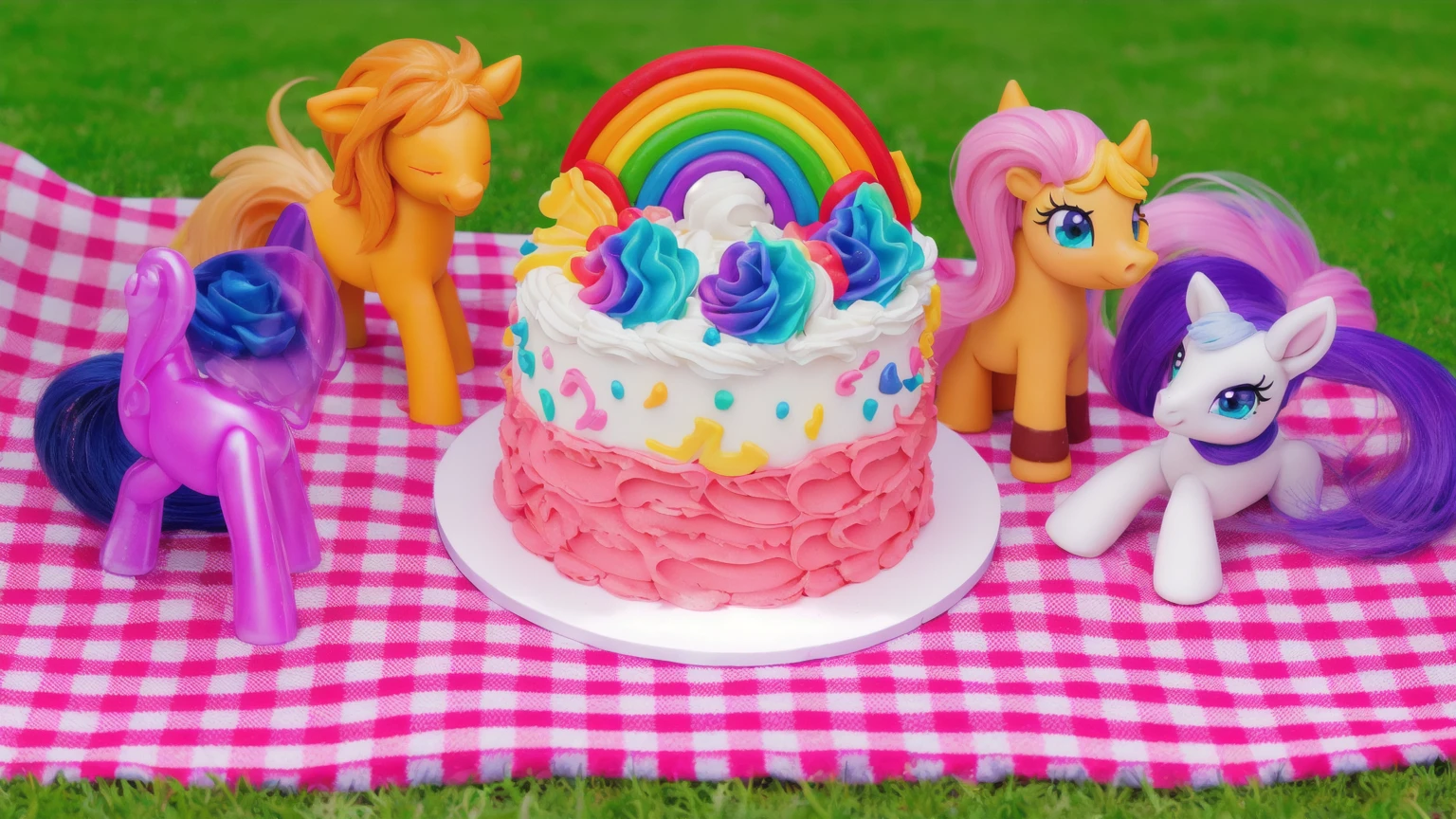 on the grass, on a pink checkered tablecloth. there is a white plate with cake, white and pink cream cake, Rainbow confectionery powder on the cake, top rainbow gradient cream, polymer clay rainbow, рядом стоят пластиковые pony toys из мультфильма My Little Pony, pony toys, beautiful light, sunlight, sunny day, beautiful lighting, bright announcement, several light sources, Realistic style, realistic textures, high quality, high detail, detailed texture, ultra 4k hd