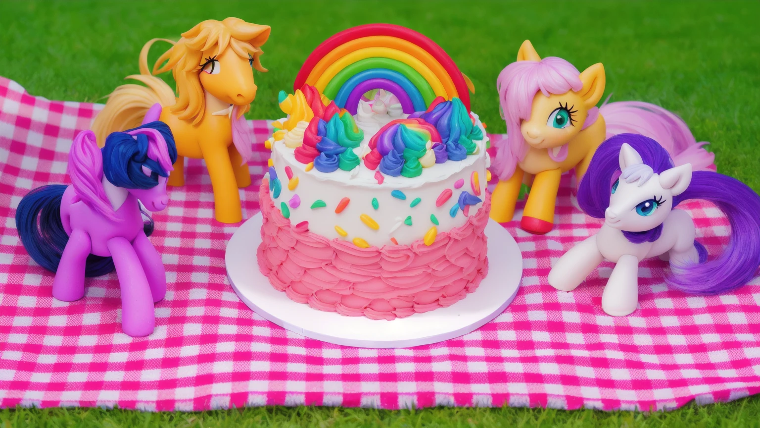 on the grass, on a pink checkered tablecloth. there is a white plate with cake, white and pink cream cake, Rainbow confectionery powder on the cake, top rainbow gradient cream, polymer clay rainbow, рядом стоят пластиковые pony toys из мультфильма My Little Pony, pony toys, beautiful light, sunlight, sunny day, beautiful lighting, bright announcement, several light sources, Realistic style, realistic textures, high quality, high detail, detailed texture, ultra 4k hd