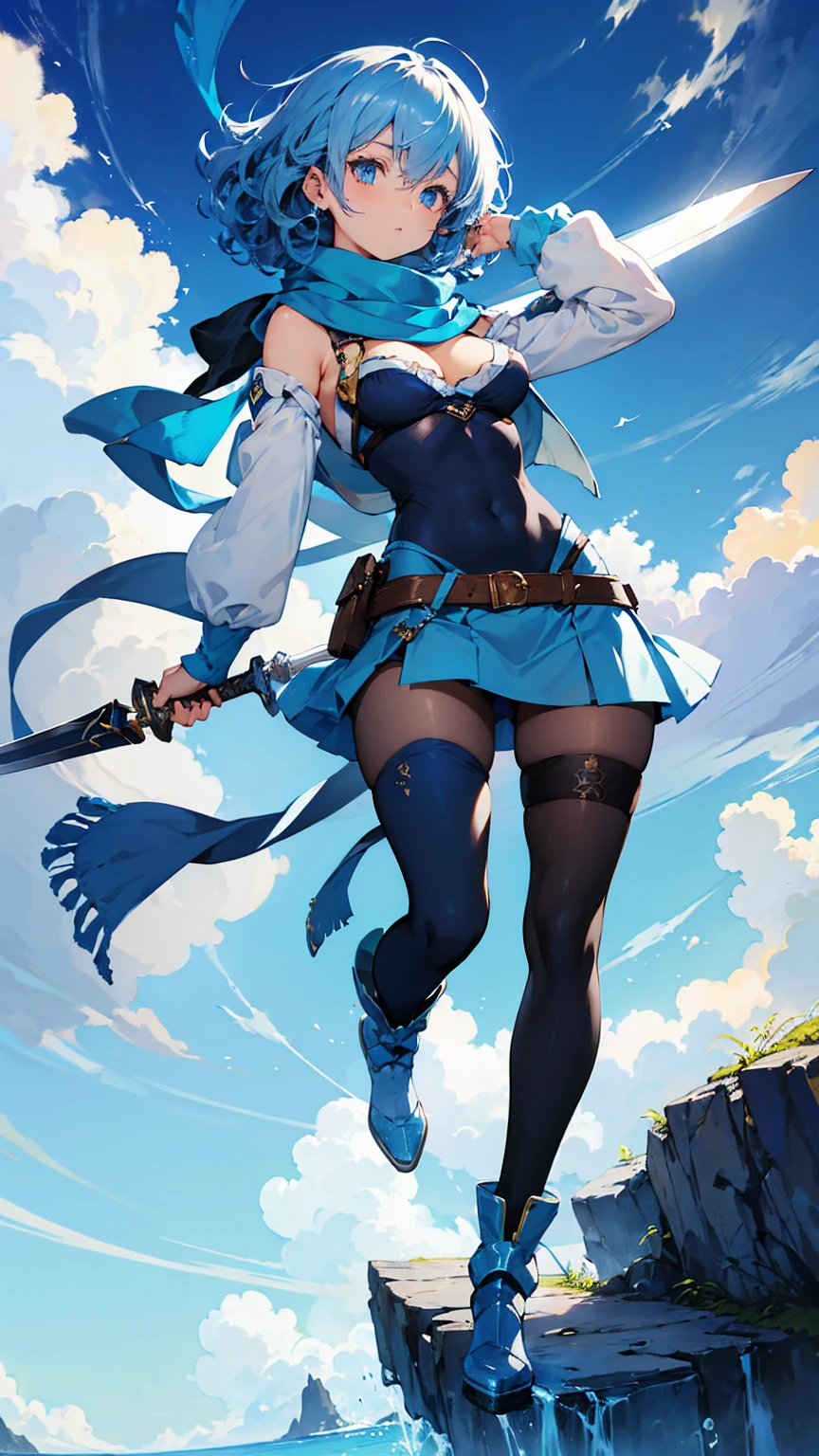 1girl,have a big sword,blue hair, curly medium hair,light blue eyes, navy long Scarf,blue brassiere,blue miniskirt,light blue Pantyhose,blue long boots,masterpiece, best quality, high quality 