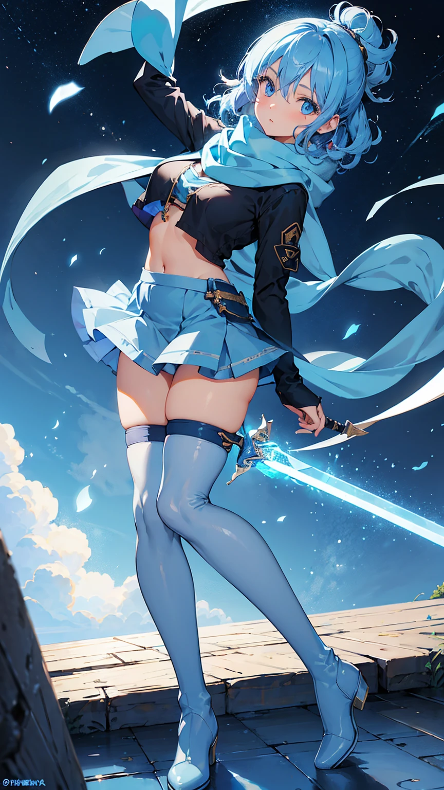 1girl,have a big sword,blue hair, curly medium hair,light blue eyes, navy long Scarf,blue brassiere,blue miniskirt,light blue Pantyhose,blue long boots,masterpiece, best quality, high quality 