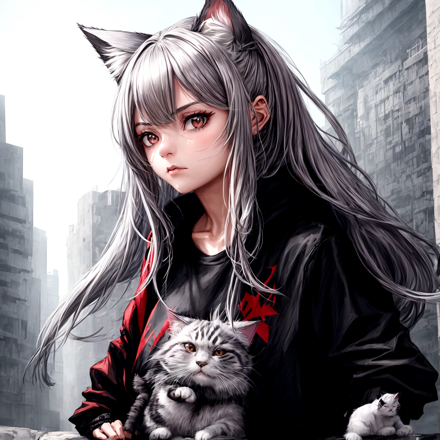 1 girl, beautiful face, cool, intimidation, black eye, long hair, gray hair, cat ear, black jacket, red color t-shirt, nature place