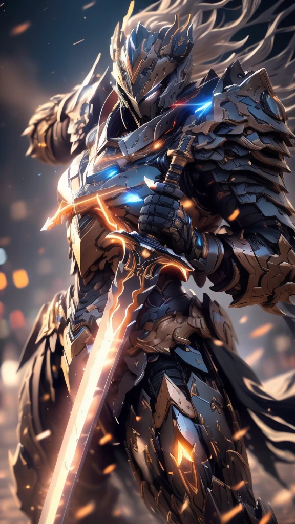 a fierce warrior,battle-worn armor,gripping a sword in both hands,determined and intense expression,intricate runic symbols etched along the blade,glowing with a mystical light,dramatic scene,dynamic lighting,imposing presence,(best quality,4k,8k,highres,masterpiece:1.2),ultra-detailed,(realistic,photorealistic,photo-realistic:1.37),HDR,UHD,studio lighting,ultra-fine painting,sharp focus,physically-based rendering,extreme detail description,professional,vivid colors,bokeh,fantasy,dark,cinematic
