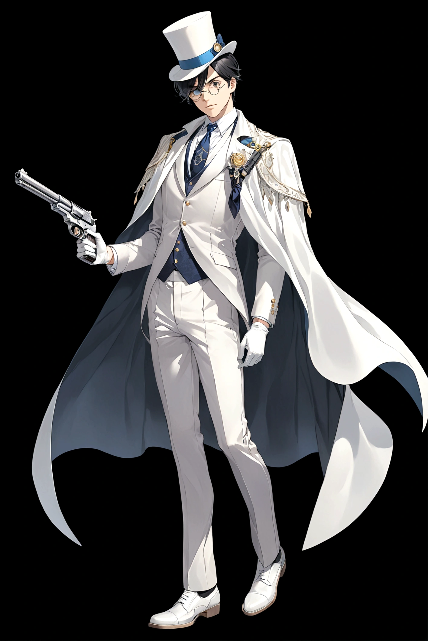 solo, simple background, black hair, gloves, 1boy, hat, holding, standing, full body, weapon, male focus, necktie, white gloves, cape, gun, formal, white footwear, suit, black background, top hat, white cape, monocle, white suit