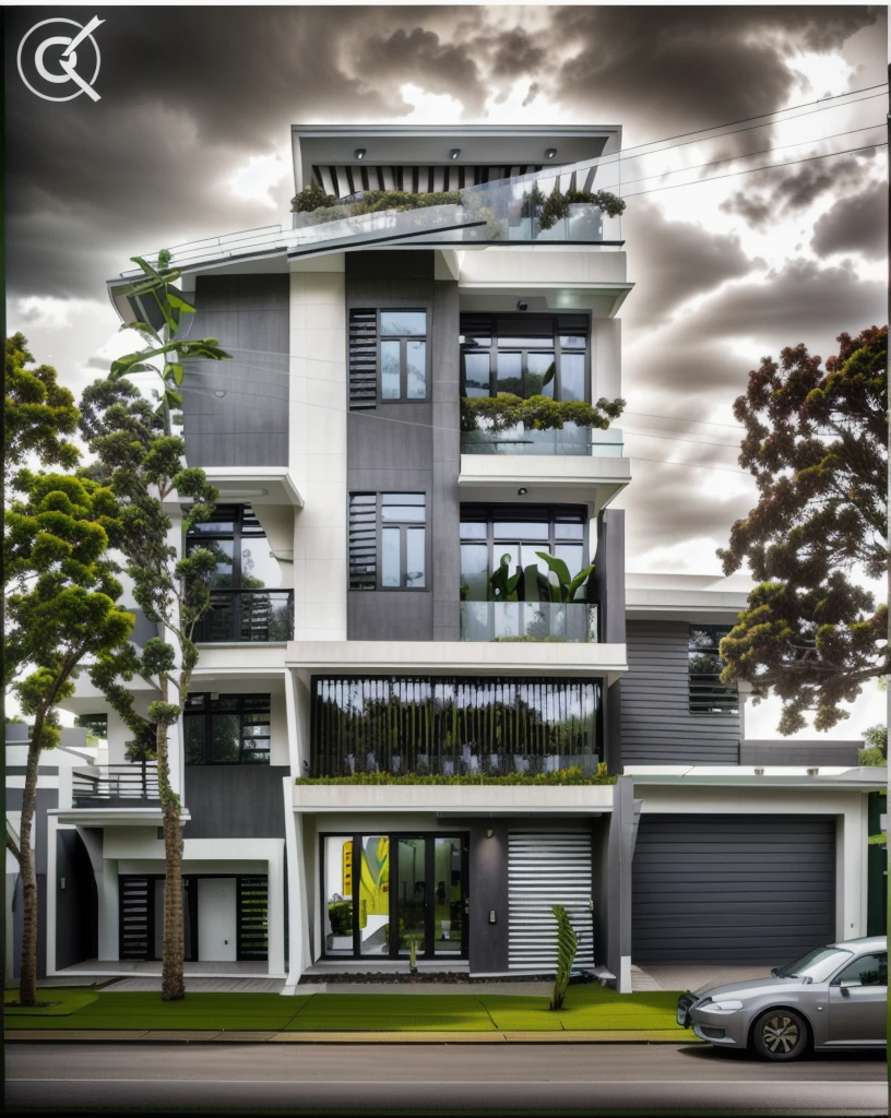 modern villa on street, (overcast lighting:1.2), tropical tree, vivid color, curve wall, streetcapes, nice sky, grey and wwhite tone, (large glass door:1.2), warm interior lighting, modern material, best quality, ultra realistic, masterpiece