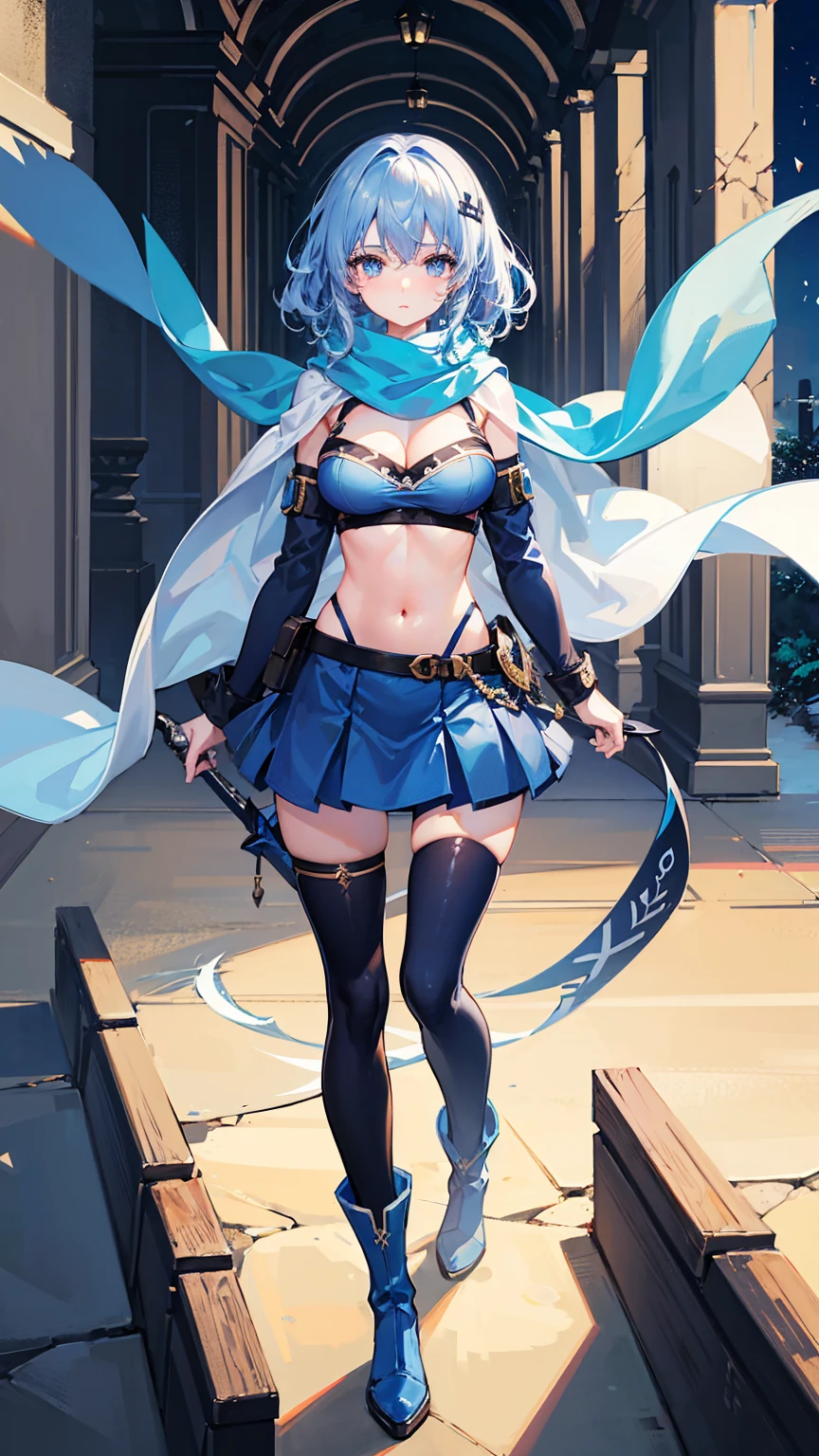 1girl,have a big sword,blue hair, curly medium hair,light blue eyes, navy long Scarf,blue brassiere,blue miniskirt,light blue Pantyhose,blue long boots,masterpiece, best quality, high quality