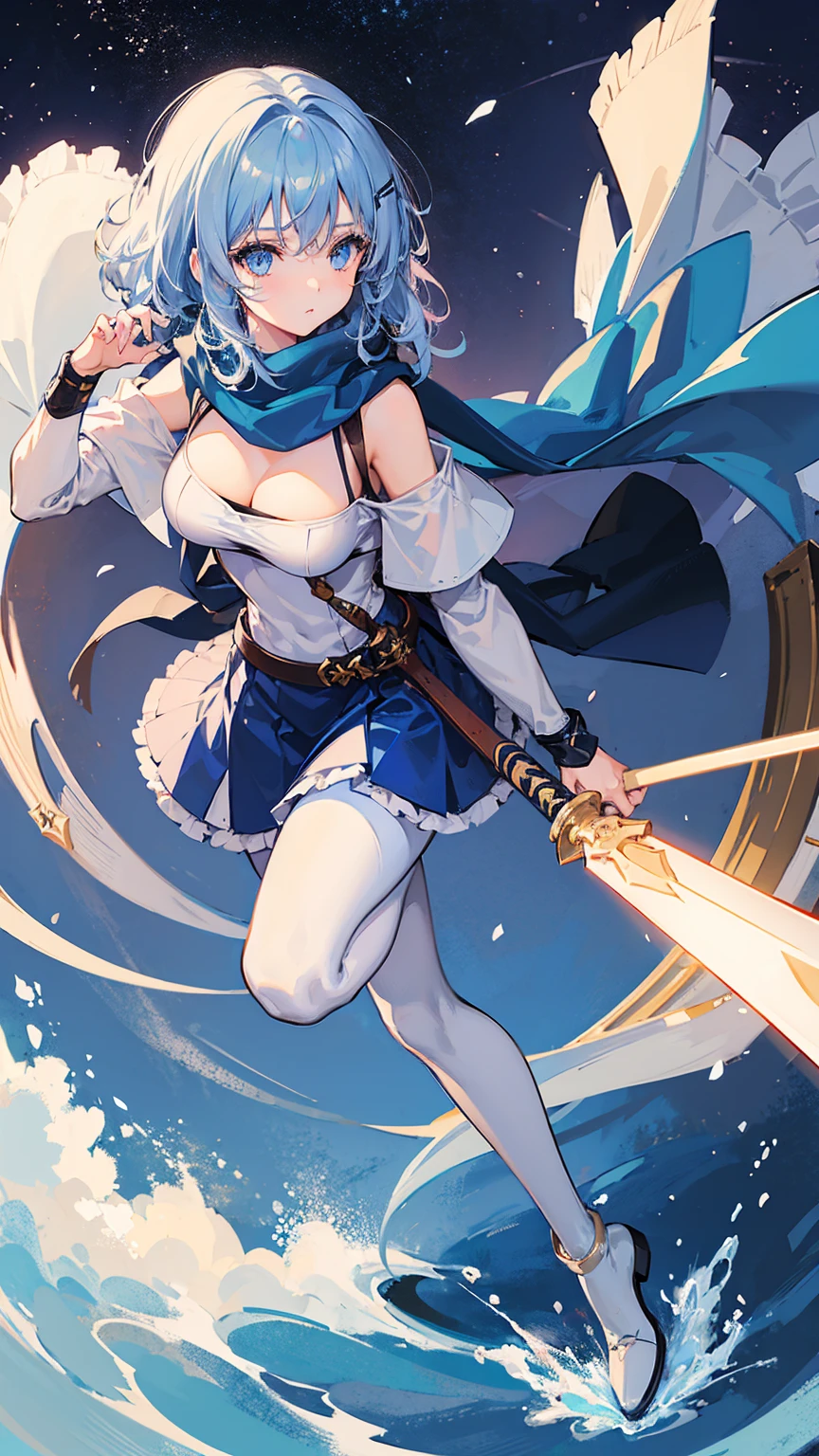 1girl,have a big sword,blue hair, curly medium hair,light blue eyes, navy long Scarf,blue brassiere,blue miniskirt,light blue Pantyhose,blue long boots,masterpiece, best quality, high quality 