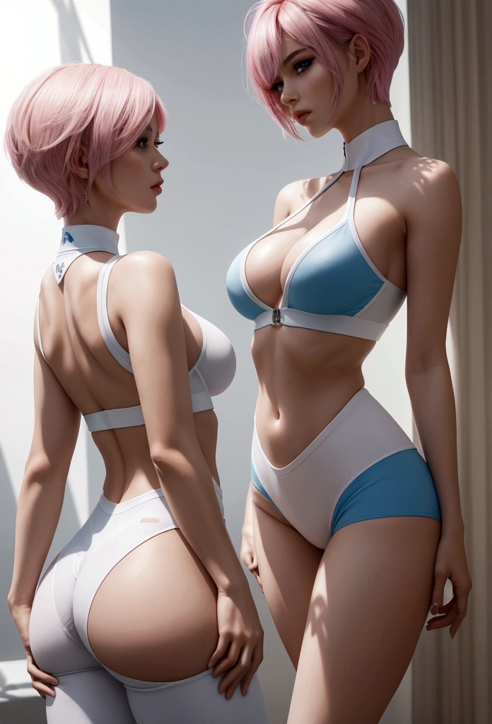 a beautiful woman in a tight, sexy white golf outfit posing seductively on a golf course, with a pixie pink haircut, piercing blue eyes, and an hourglass figure, in a side view pose showing her navel,best quality,4k,8k,highres,masterpiece:1.2,ultra-detailed,realistic,photorealistic,photo-realistic:1.37,HDR,UHD,studio lighting,ultra-fine painting,sharp focus,physically-based rendering,extreme detail description,professional,vivid colors,bokeh,portraits,glamour,fashion