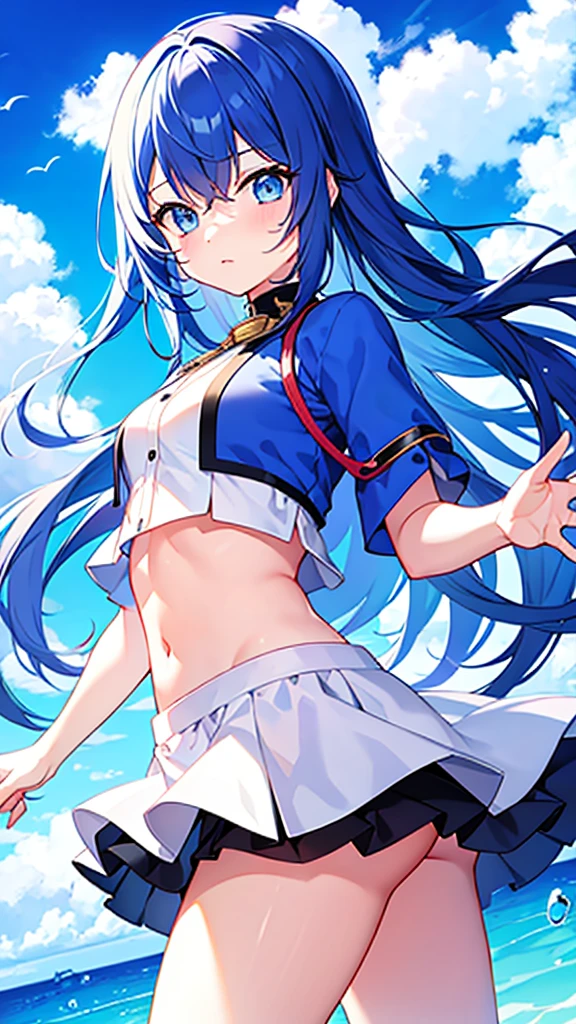 whole body、1 girl、solo、blue eyes、Cyan background、Simple Background、bright、blue sky、cloud、sunny、youth、Blue and white main color、Orange sub-color、ink、hair ornaments、soloフォーカス、Tsundere、Slanted Eyes、cool、Random personality、Random hairstyle、Shiny、Good image quality