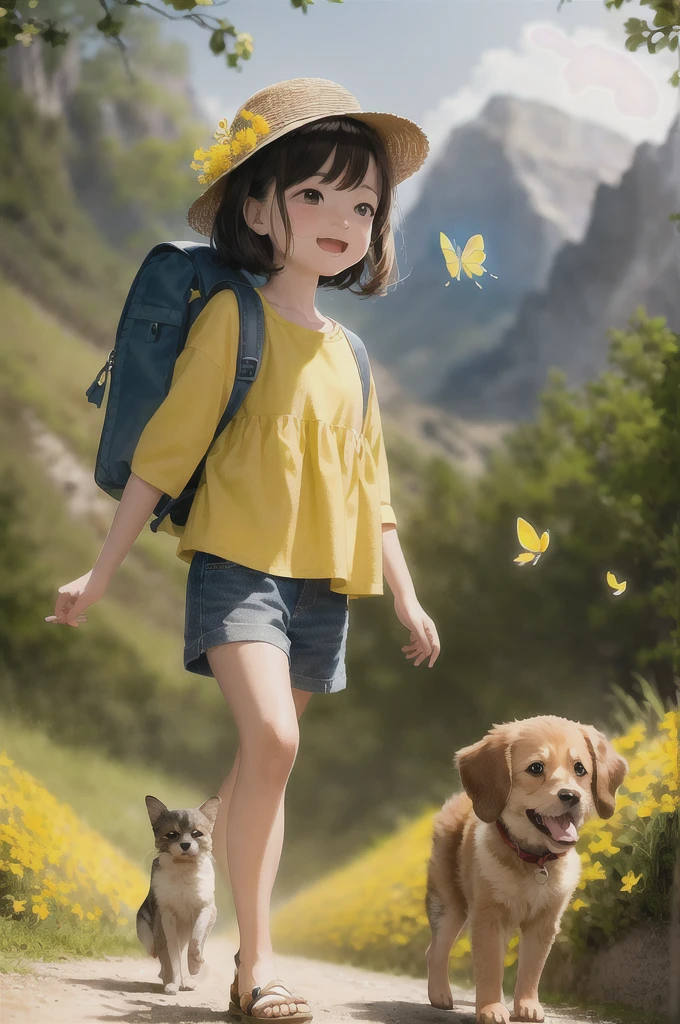 An incredibly charming  carrying a backpack, accompanied by her adorable puppy, enjoying a lovely spring outing surrounded by beautiful yellow flowers and natural scenery. The illustration is in high definition at 4k resolution, with highly-detailed facial features and cartoon-style visuals, (Butterfly Dance)、(all nude)