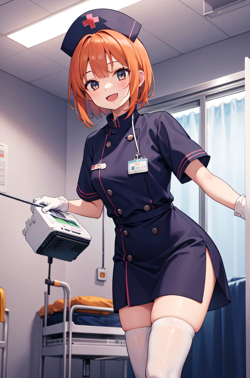1girl, solo, nurse, nurse cap, white nurse uniform, ((white legwear, zettai ryouiki)), white gloves, very short hair, orange hair, smile, open mouth, standing, ((hospital room)), sharp outline, short sleeves, tomboy, boyish, best quality, masterpiece