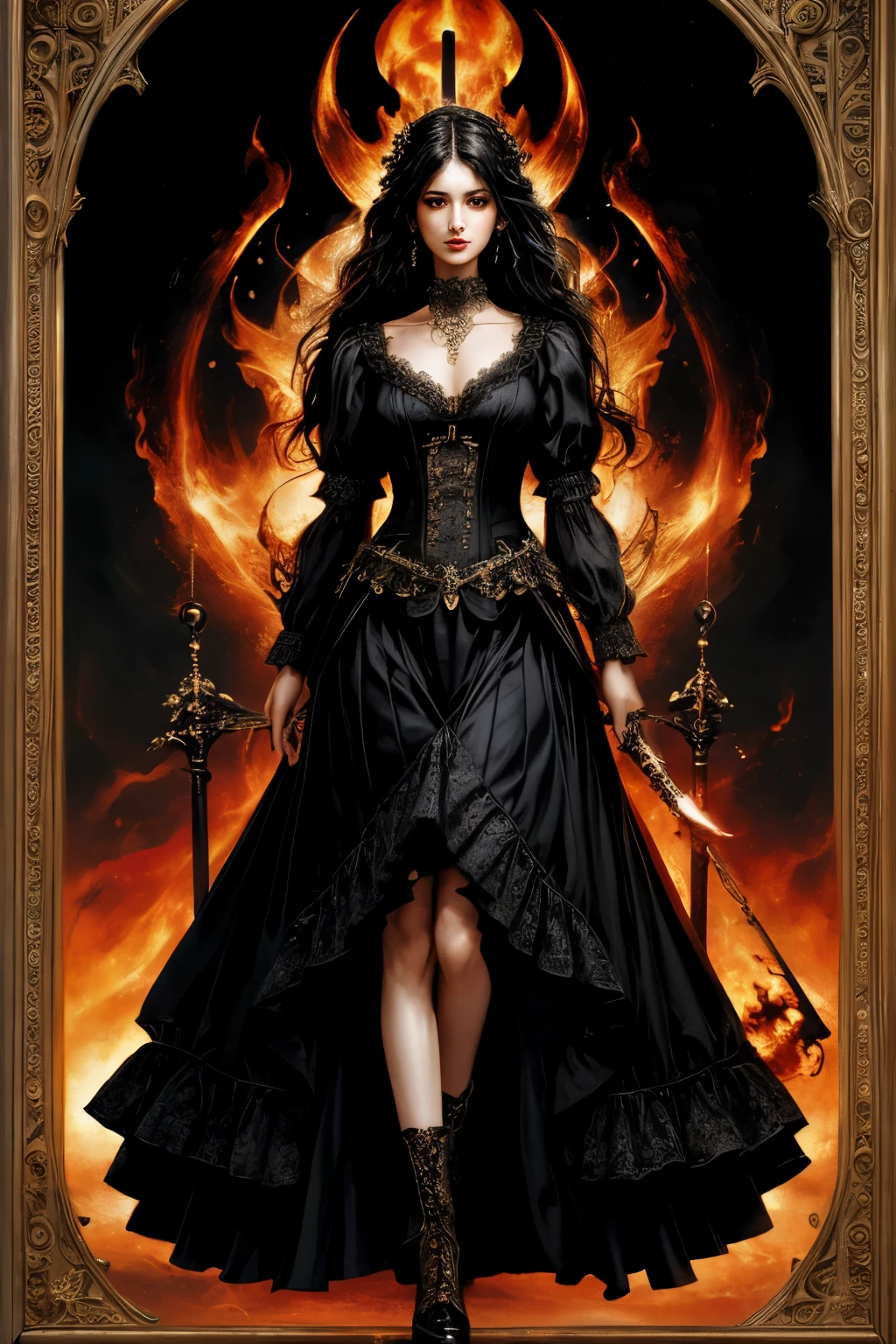  ((Finest quality)),(超A high resolution),(ultra-detailliert),(Meticulous portrayal),((Best Anime)),(Finest works of art),(Ultra-Precision Art),(The art of astounding depiction,Overwhelming depiction:1.5),(intricate and detailed art:1.6), (adult woman:1.5),(Hanging:1.6),Staring at this:1.4,sneering:1.5,(Armor shaped like a skeleton:1.3), (Black Flame:1.5), terrifying, nightmarish, cosmic horror, a heavenly female knight, biblical, very skinny, detailed, best quality, prominent collarbones, skinny arms, flat stomach, visible hip bones, full body, red and white clothing, occult aesthetic, occult, detailed and intricate steampunk and detailed gothic, Fluttering lace flared long knee length dress with frilly petticoats, knee length dress, pleated petticoats, petticoats gothic, complex lace boots, gothic aesthetic, wielding a mighty sword with mechanical components, mandalas, full body, whole body, body, chains, 