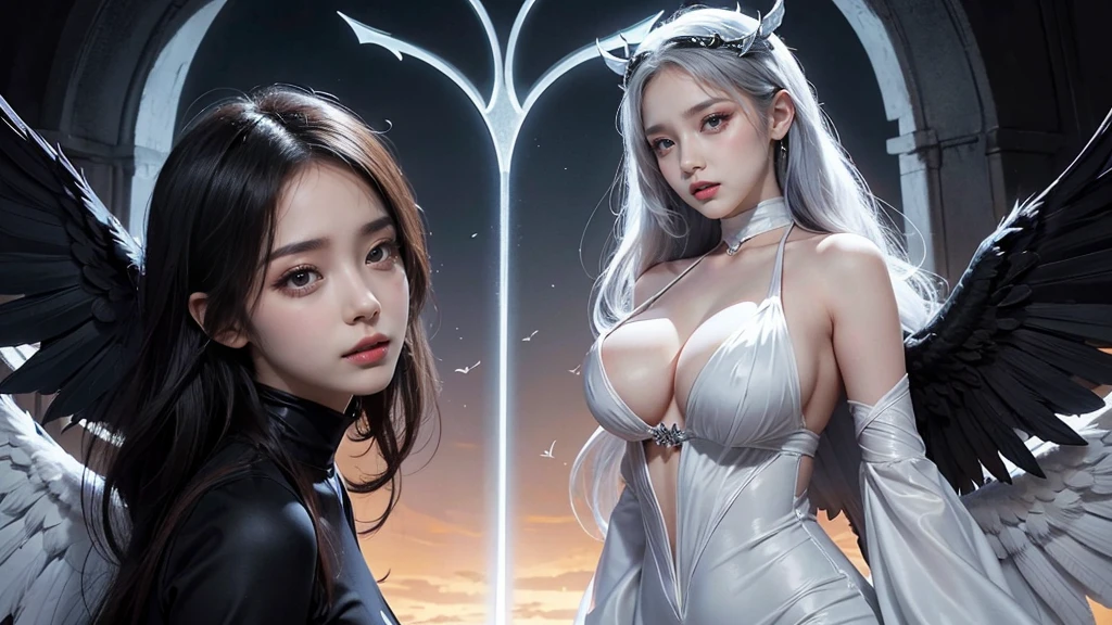 Portrait, Close-up photo, Two women in white and black dresses stand side by side., They have beautiful faces., beautiful face, Beautiful Gemini, both good and evil., Eros and Thanatos, 2 angel, angel, angelกับปีศาจ, Darius Zawadski and Tom Bagshaw, Tom Bagshaw art style, The villain has black angel wings., angel and demons, fallen angel, beautiful gemini twins, big breasts, fully grown breasts, attractive body, Fascinating beauty, Tight outfit, นางฟ้าbig breastsโต, Plump breasts, fully grown breasts, Two angels who are both gods and devils., Angels have a total of 12 wings with different styles to represent a mix of good and evil., The 6 left wings are the wings of the gods. It has the appearance of a large, beautiful, light-filled bird wing. Contains white, The 6 right wings are the wings of the devil. It has the appearance of a bat's wings, which are sharp and dark. Contains black, These two angels stood on the ground that was divided into two parts. One part is a green field with flowers in bloom. Another part of the ground was dry and cracked, with small flames rising from it., The angel's face had a beautiful appearance and a hint of strength. , Her mouth was bright red., One eye was bright blue. Expressing kindness and hope The other side is dark red. It represents mystery and danger., Her hair was jet black, extremely long, two meters long., She wore an outfit that was a combination of divine armor and a devil's cloak., A tight leather outfit emphasizes the figure. A tight outfit., The wings are both white and black., There are wings that are clearly separated from each other., white wings, Black wings, This image was meant to show the balance between good and evil. light and darkness Living together in these two angels