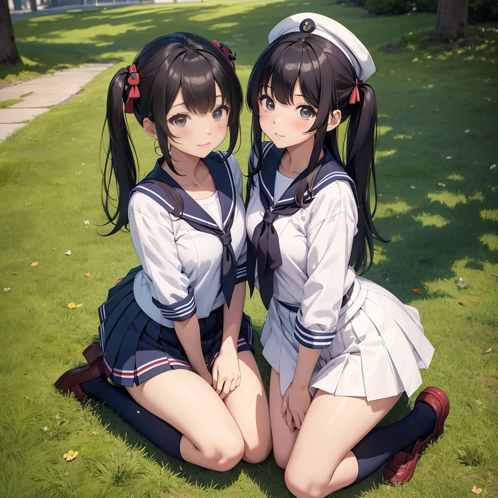 A miraculously cute girl,Japanese,13 years,)、(Backward view)、mini skirt、きちんとしたSailor suit、White High Socks、Loafer shoes、Realistic、Ultra-high resolution、Full-body display、Sleeping,Two girls in uniforms are kneeling and sitting on the grass in the park、 Japanese , seifuku, Japanesee girl , wearing Japanesee , Sailor suit, Twin tails, Kantai Collection Style, Wearing uniform, wearing , JK Uniform, Official artwork, , Photo of a-1,(Full-body display)