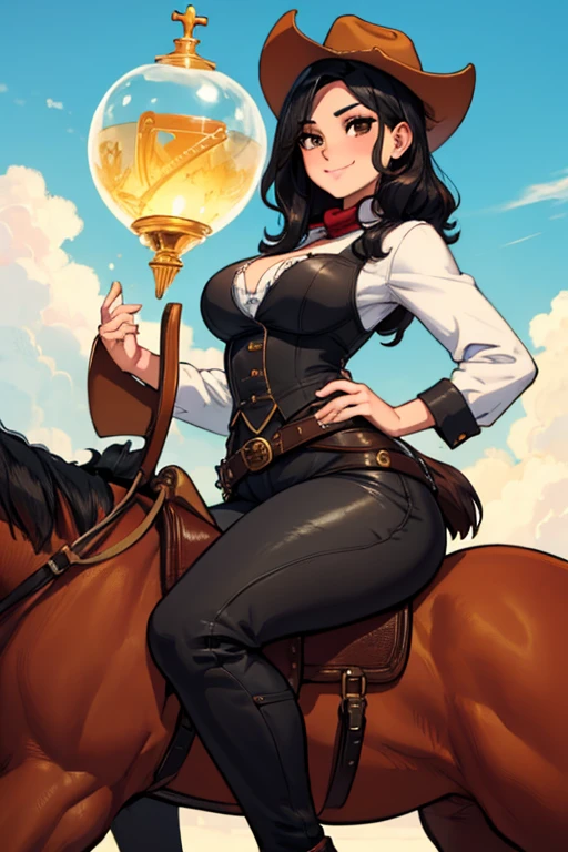 Perfect face, Perfect hands. A black haired female cowgirl with brown eyes and an hourglass figure in a conservative cowgirl's outfit is riding a horse with a big smile