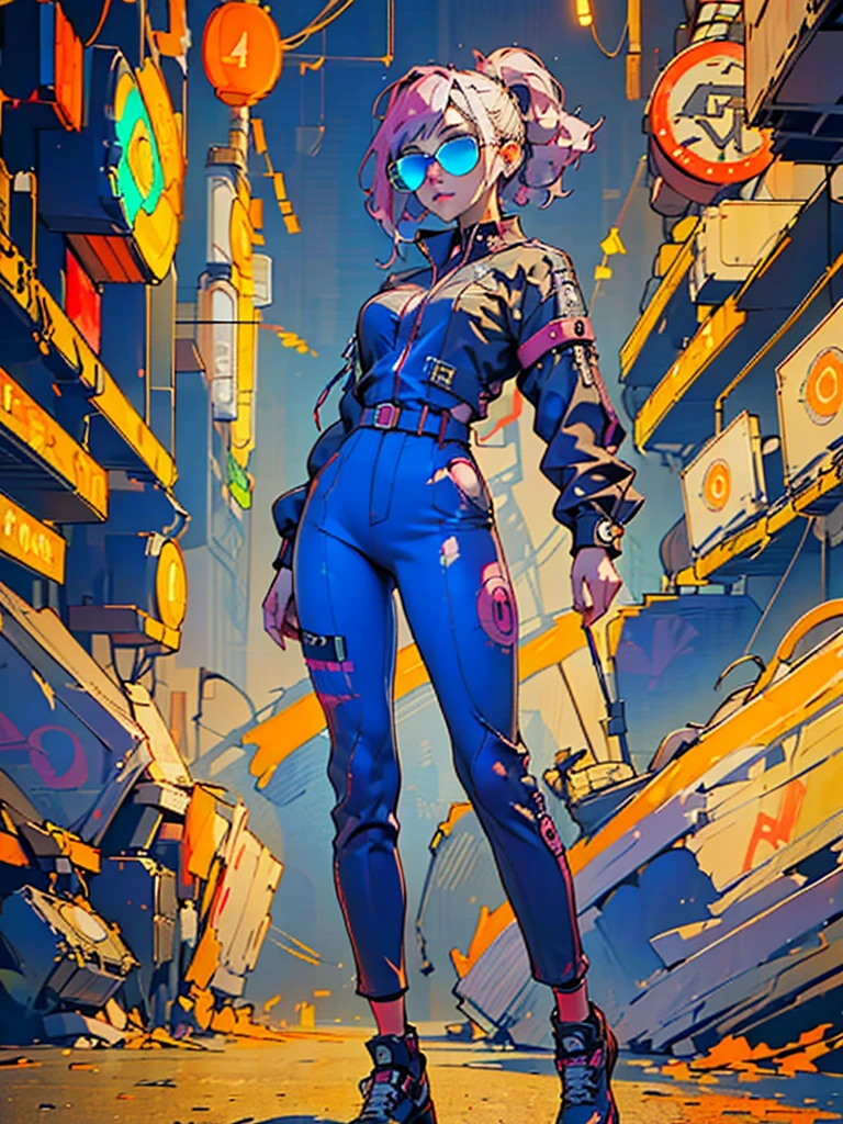 Workwear jumpsuit、Costume with glowing linesを着た女性, cyber punk, Punk Rock, Mosh Pit, (Highest quality,4K,8K,High resolution,masterpiece:1.2),Live Stage、Costume with glowing lines、Large sunglasses,Punkish hairstyle、Full body portrait