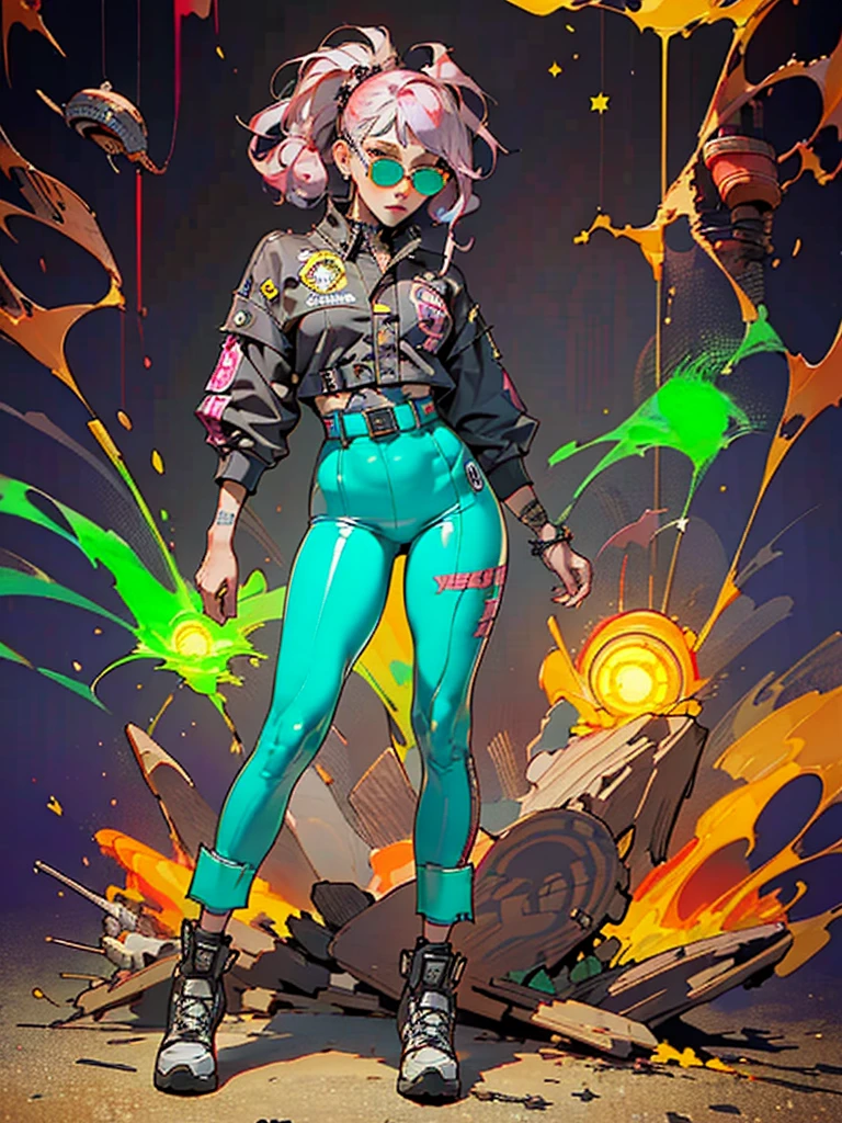 Workwear jumpsuit、Costume with glowing linesを着た女性, cyber punk, Punk Rock, Mosh Pit, (Highest quality,4K,8K,High resolution,masterpiece:1.2),Live Stage、Costume with glowing lines、Large sunglasses,Punkish hairstyle、Full body portrait