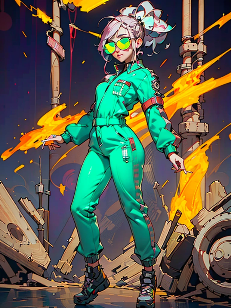 Workwear jumpsuit、Costume with glowing linesを着た女性, cyber punk, Punk Rock, Mosh Pit, (Highest quality,4K,8K,High resolution,masterpiece:1.2),Live Stage、Costume with glowing lines、Large sunglasses,Punkish hairstyle、Full body portrait
