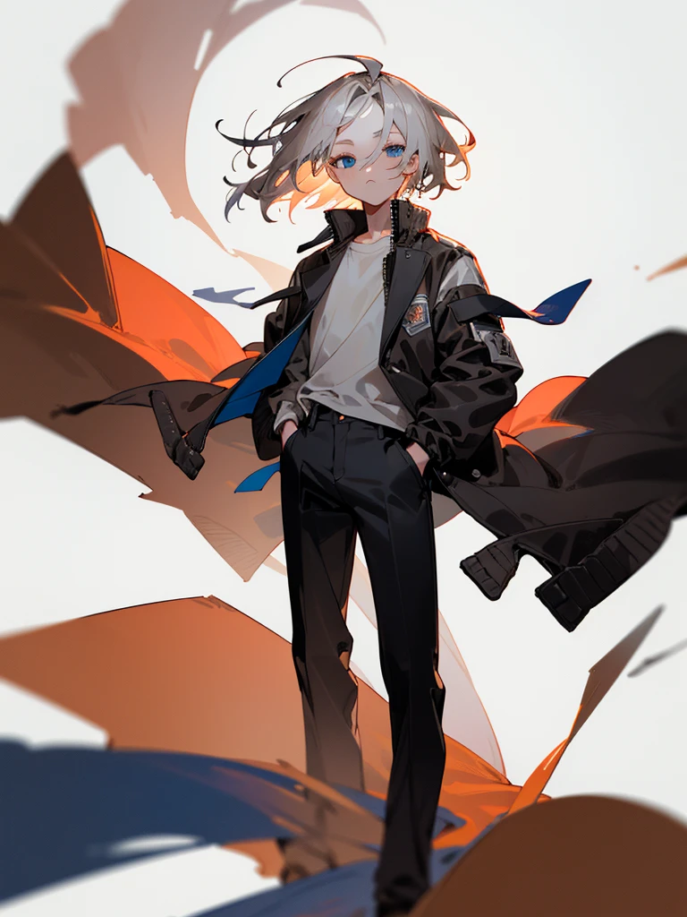 ((boy1)) short gray hair (bangs covering left eye) bangs on perfect forehead Slant blue eyes (body pose slightly facing towards the right side) the body is not completely visible (Hair blowing in the wind to the left side gently) empty background without any objects (blank white background) Wear a shirt (wear a dark brown jacket that opens perfectly) Jacket flown to the left side, jacket behind the body covering the shoulders (standing pose facing slightly to the right (Look not forward) both hands in pockets (black trousers)