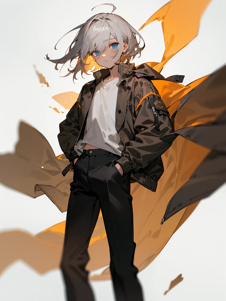 ((boy1)) short gray hair (bangs covering left eye) bangs on perfect forehead Slant blue eyes (body pose slightly facing towards the right side) the body is not completely visible (Hair blowing in the wind to the left side gently) empty background without any objects (blank white background) Wear a shirt (wear a dark brown jacket that opens perfectly) Jacket flown to the left side, jacket behind the body covering the shoulders (standing pose facing slightly to the right (Look not forward) both hands in pockets (black trousers)