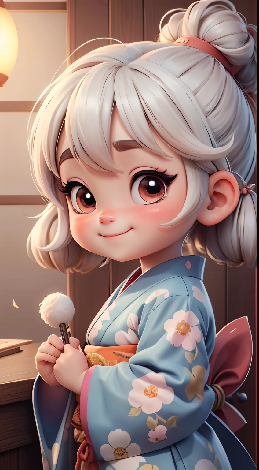 Create a loli baby chibi version of the Alice character in an 8K resolution. A girl with a bun hairstyle is practicing calligraphy in a traditional Japanese house, wearing a crane-patterned kimono and a hair accessory, It's sunny, Detailed eyes, clear outlines, kawaii pose, A smile, Raise your right hand, Eye Up, Laugh, radiant light, Taken from the side. She should look adorable and cute. Give him a smiling expression and a sweet smile on his face, capturing the essence of the character in a delicate and charming way.