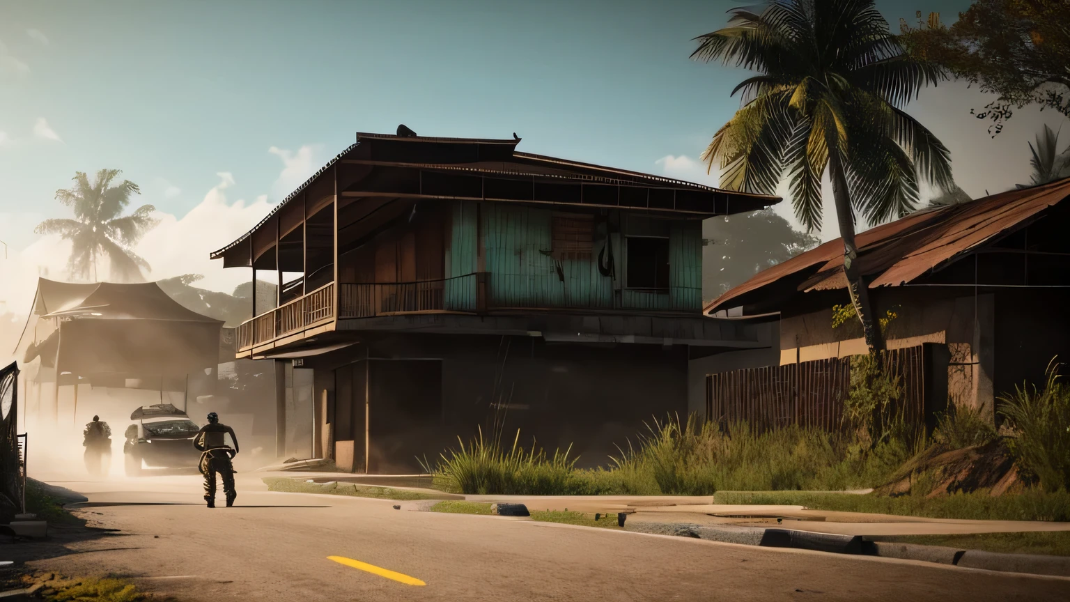 fallout, indonesia theme, post-apocalyptic, jakarta, nation, identic, vernacular, authentic, realistic, indonesia, fallout 4 style, a rabbit monster guarding road