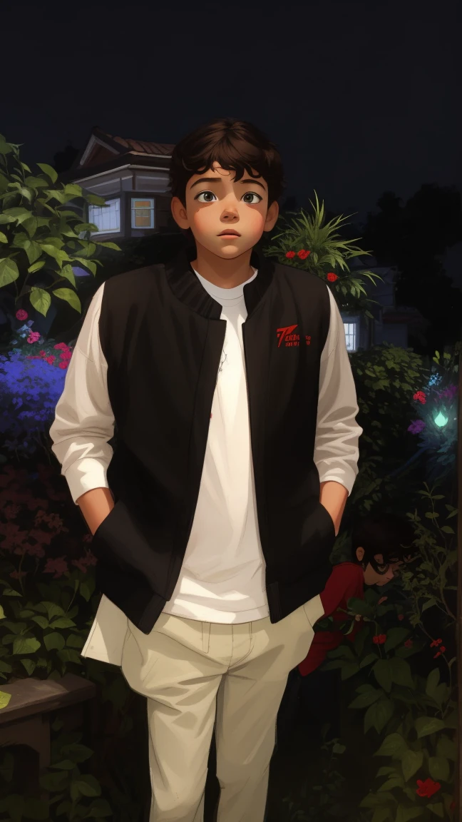 Realistic portrait of a seven-year-old boy, He wears a red shirt . His face is childish and exploratory . He goes out cautiously into the garden of the house, A small cat is among the bushes and he touches it cautiously ,Not facing the camera,, Hair is untidy ,
