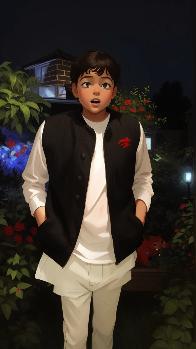 Realistic portrait of a seven-year-old boy, He wears a red shirt . His face is childish and exploratory . He goes out cautiously into the garden of the house,  A small cat is among the bushes and he touches it cautiously ,Not facing the camera,, Hair is untidy , 