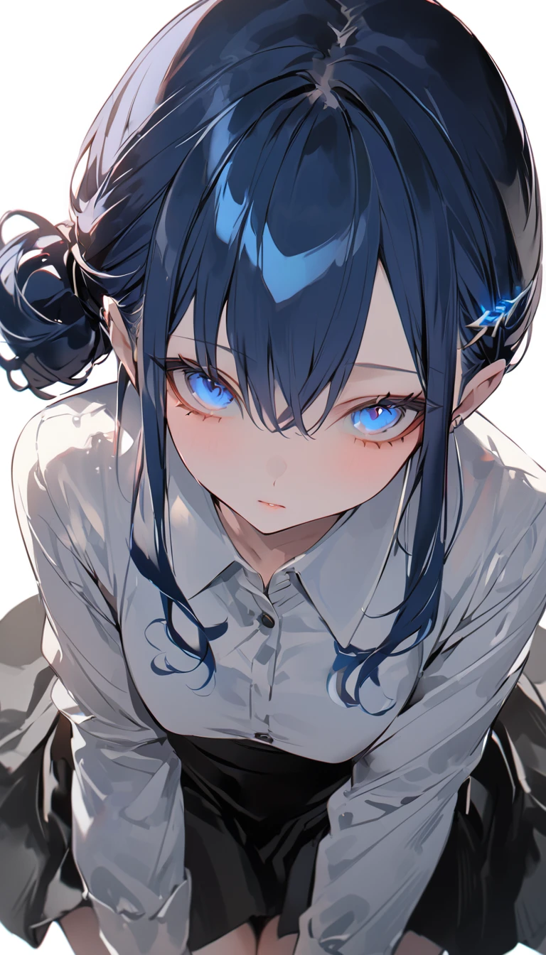 ((masterpiece)),(best quality),(detailed),(1girl), blue hair, blue glowing eyes, Updo, white shirt, black skirt, looking down on the viewer