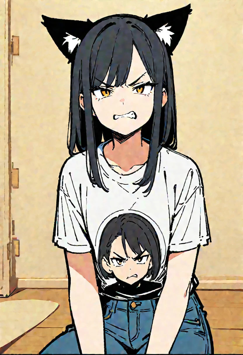 (Thick painting style),Thick line drawing, ((masterpiece,)),(((Highest quality))),(sketch),((Adult women in their 20s)),Short black hair,Black cat ears,T-Shirts,jeans,(((Angry face,Character Portrait,Full Art))),flat chest
