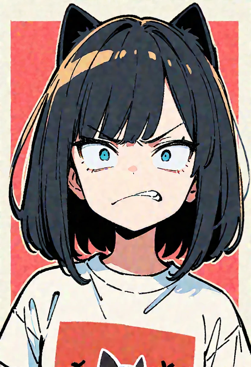 (Thick painting style),Thick line drawing, ((masterpiece,)),(((Highest quality))),(sketch),((Adult women in their 20s)),Short black hair,Black cat ears,T-Shirts,jeans,(((Angry face,Character Portrait,Full Art))),flat chest