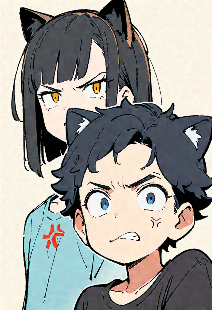 (Thick painting style),Thick line drawing, ((masterpiece,)),(((Highest quality))),(sketch),((Adult women in their 20s)),Short black hair,Black cat ears,T-Shirts,jeans,(((Angry face,Character Portrait,Full Art))),flat chest