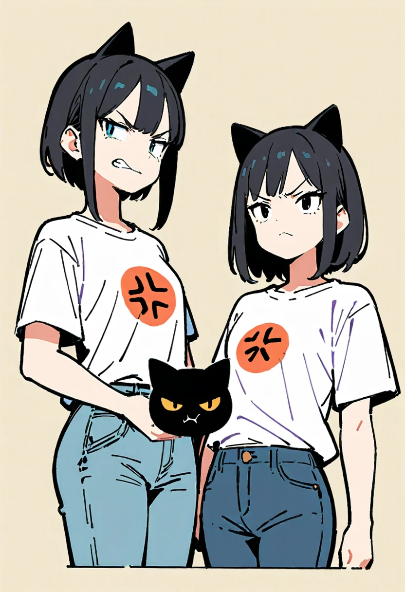 (Thick painting style),Thick line drawing, ((masterpiece,)),(((Highest quality))),(sketch),((Adult women in their 20s)),Short black hair,Black cat ears,T-Shirts,jeans,(((Angry face,Character Portrait,Full Art))),flat 