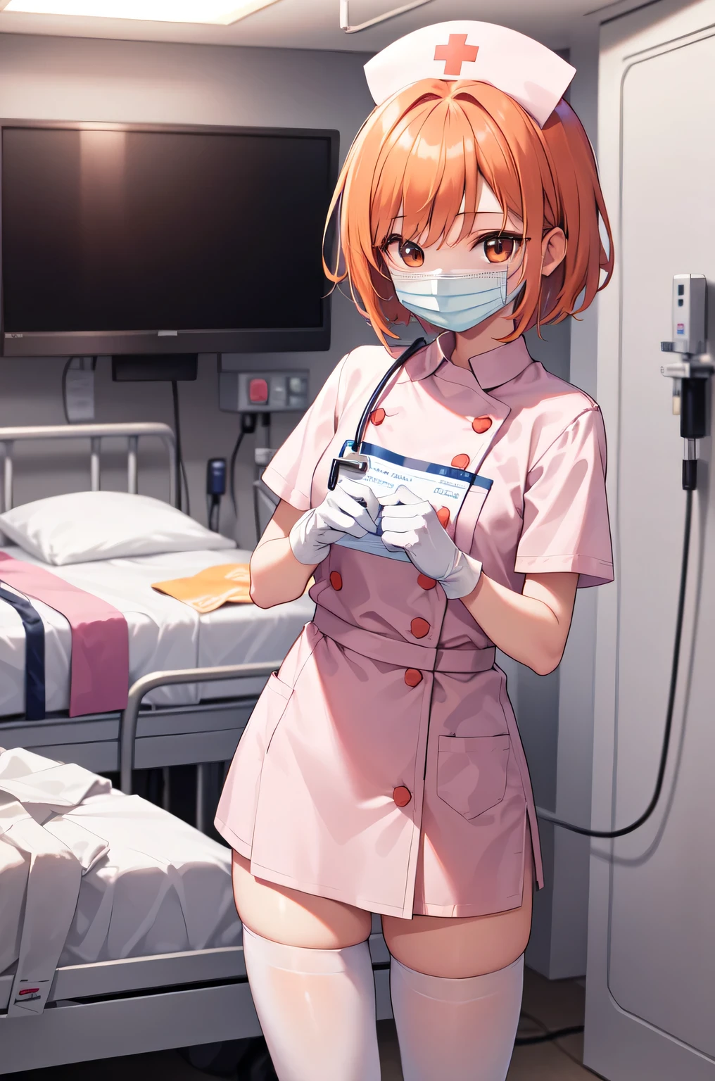 1girl, solo, nurse, nurse cap, white nurse uniform, ((white legwear, zettai ryouiki)), white gloves, very short hair, orange hair, ((white surgical mask, covered nose)), standing, ((hospital room)), sharp outline, short sleeves, tomboy, boyish, best quality, masterpiece