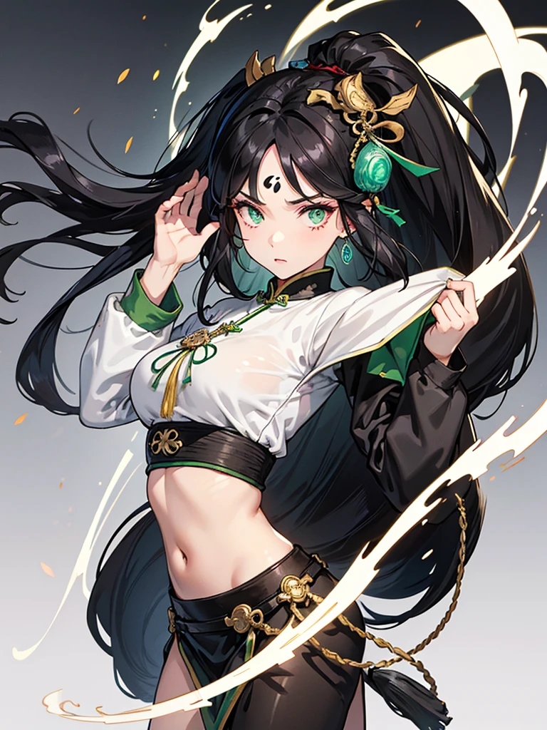 an Adult female, strong, green eyes, long black hair, floating hair, forehead wipe, resolute eyes, complex white Taoist Taoist uniform, black accessories, ancient Chinese, full body, 8K, ultra HD, HDR, blank background