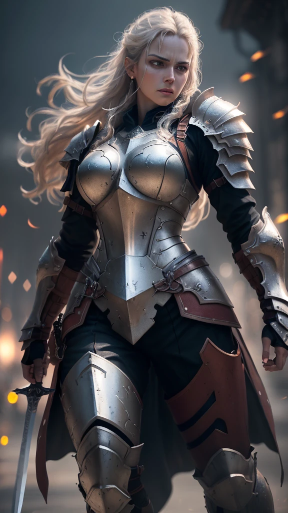 a fierce warrior,battle-worn armor,gripping a sword in both hands,determined and intense expression,intricate runic symbols etched along the blade,glowing with a mystical light,dramatic scene,dynamic lighting,imposing presence,(best quality,4k,8k,highres,masterpiece:1.2),ultra-detailed,(realistic,photorealistic,photo-realistic:1.37),HDR,UHD,studio lighting,ultra-fine painting,sharp focus,physically-based rendering,extreme detail description,professional,vivid colors,bokeh,fantasy,dark,cinematic