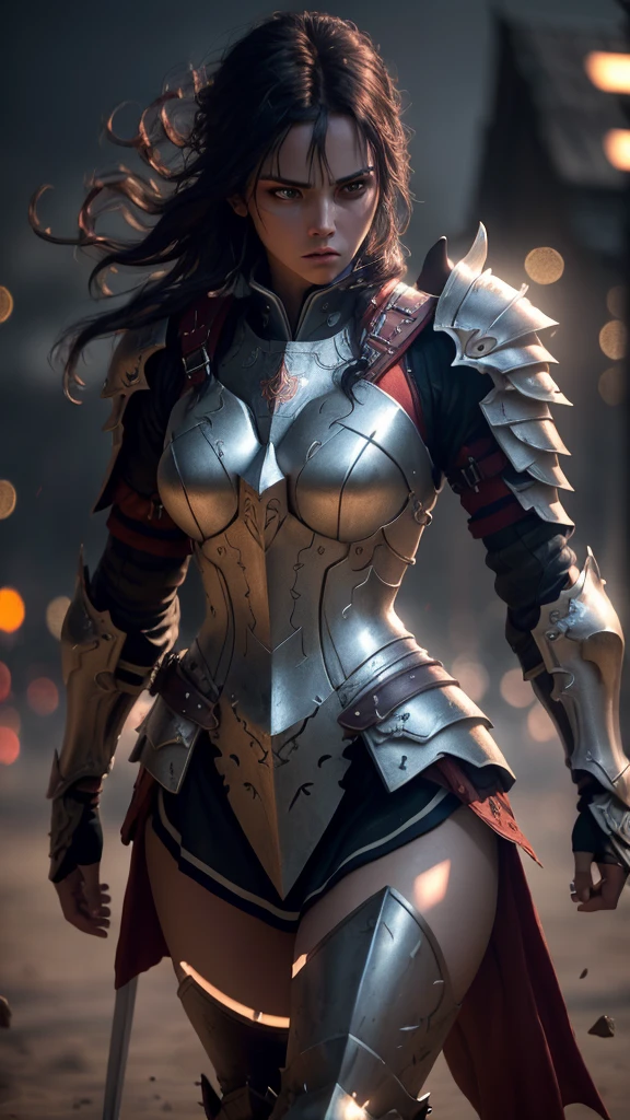 a fierce warrior,battle-worn armor,gripping a sword in both hands,determined and intense expression,intricate runic symbols etched along the blade,glowing with a mystical light,dramatic scene,dynamic lighting,imposing presence,(best quality,4k,8k,highres,masterpiece:1.2),ultra-detailed,(realistic,photorealistic,photo-realistic:1.37),HDR,UHD,studio lighting,ultra-fine painting,sharp focus,physically-based rendering,extreme detail description,professional,vivid colors,bokeh,fantasy,dark,cinematic